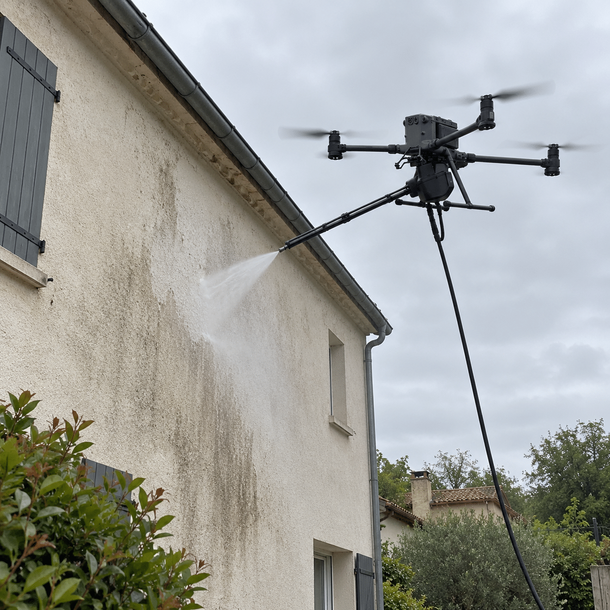 Drone industriel pulvérisant de l'eau sur la façade sale d'une maison pour un nettoyage extérieur innovant.