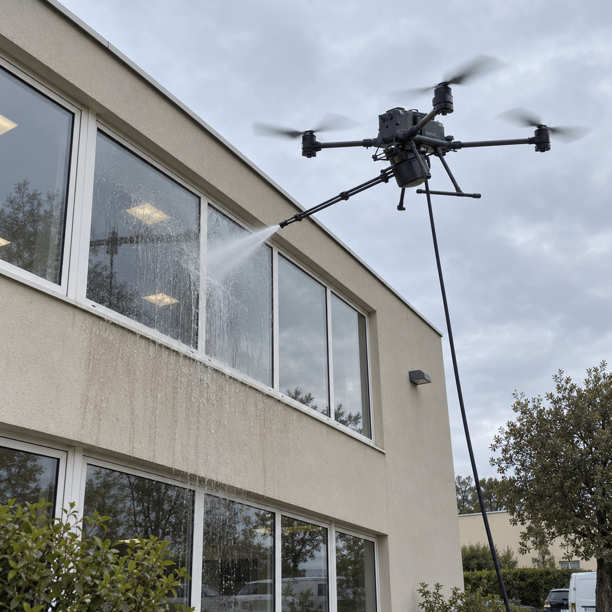 Drone nettoyeur projetant un jet d'eau sur les vitres d'un bâtiment de bureau moderne sous un ciel nuageux.