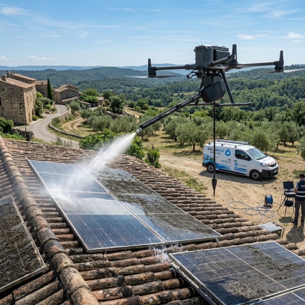 Nettoyage panneaux solaires par drone : solution Deltanov Drone Deltanov pulvérisant de l'eau pour le nettoyage de panneaux solaires sur un toit de tuiles traditionnelles.